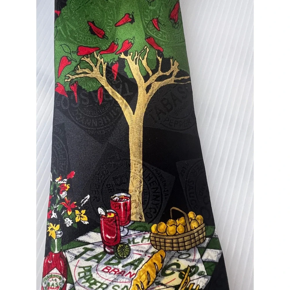 Tabasco Mens Silk Necktie‎ Black Novelty BBQ Grilling Hot Sauce Logo Print Tie